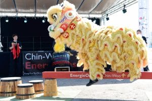 Ein Chinesischer Abschluss, ein Löwe tanzt auf einer Bühne.